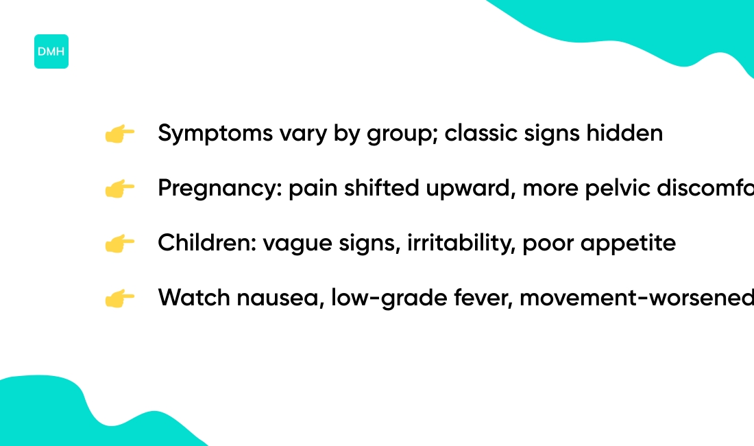 Appendicitis symptoms in women and special populations